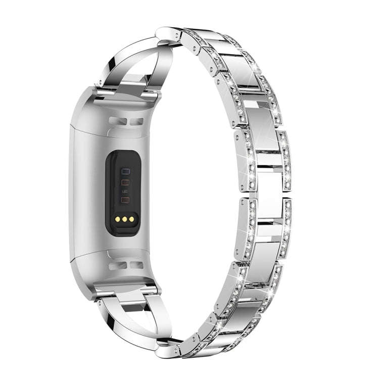 X-shaped Diamond-studded Metal Steel Watch Band for Fitbit Charge 3(Silver)