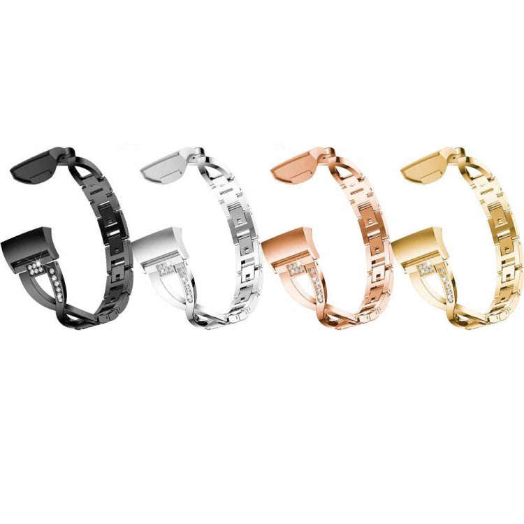 X-shaped Diamond-studded Metal Steel Watch Band for Fitbit Charge 3(Rose Gold)