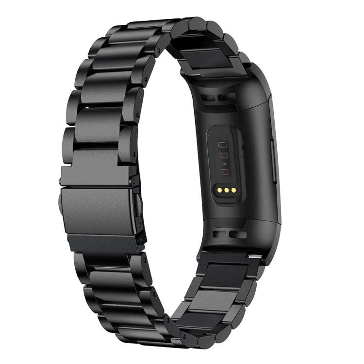 Three Beads Slingshot Buckle Solid Stainless Steel Watch Band for Fitbit Charge 3(Black)