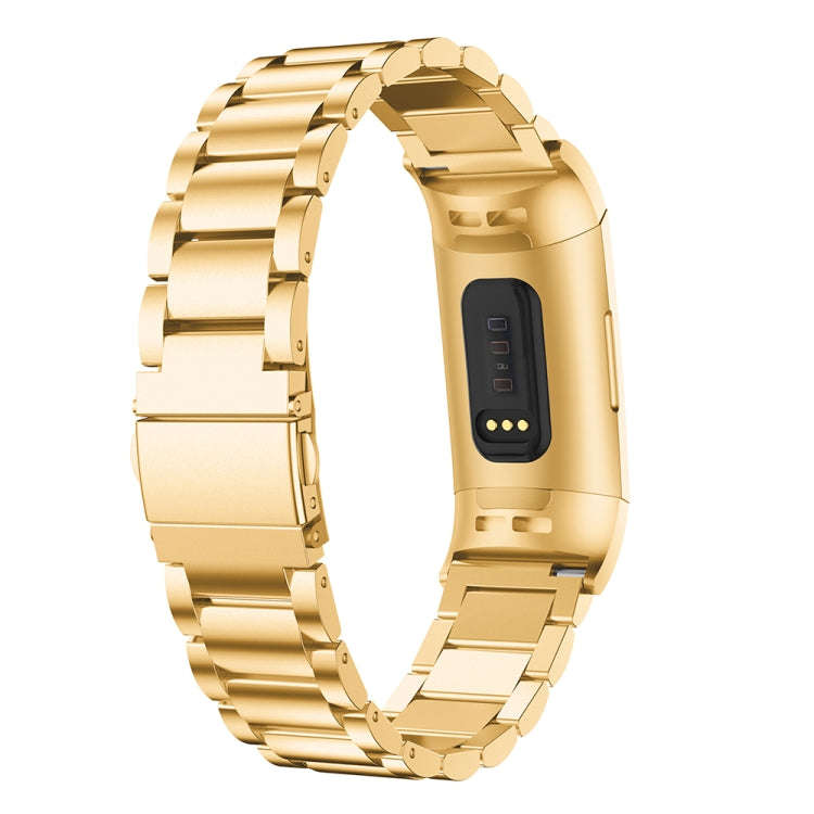 Three Beads Slingshot Buckle Solid Stainless Steel Watch Band for Fitbit Charge 3(Gold)