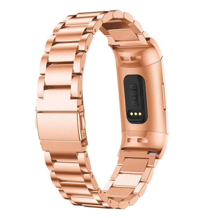 Three Beads Slingshot Buckle Solid Stainless Steel Watch Band for Fitbit Charge 3(Rose Gold)
