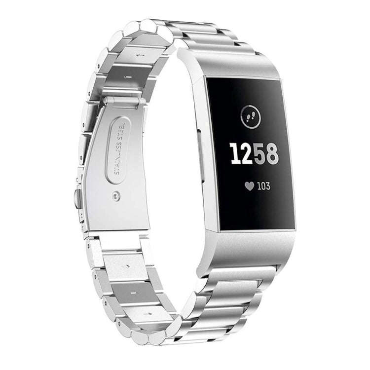 Three Beads Slingshot Buckle Solid Stainless Steel Watch Band for Fitbit Charge 3(Silver)