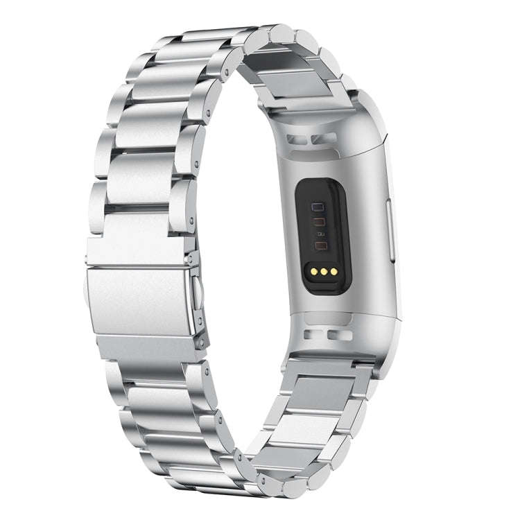 Three Beads Slingshot Buckle Solid Stainless Steel Watch Band for Fitbit Charge 3(Silver)