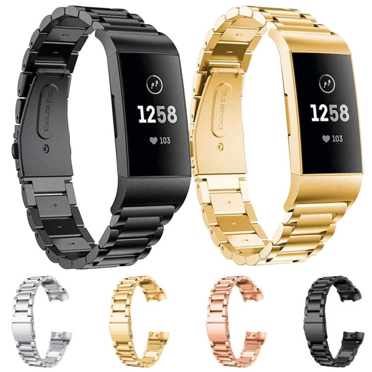 Three Beads Slingshot Buckle Solid Stainless Steel Watch Band for Fitbit Charge 3(Silver)