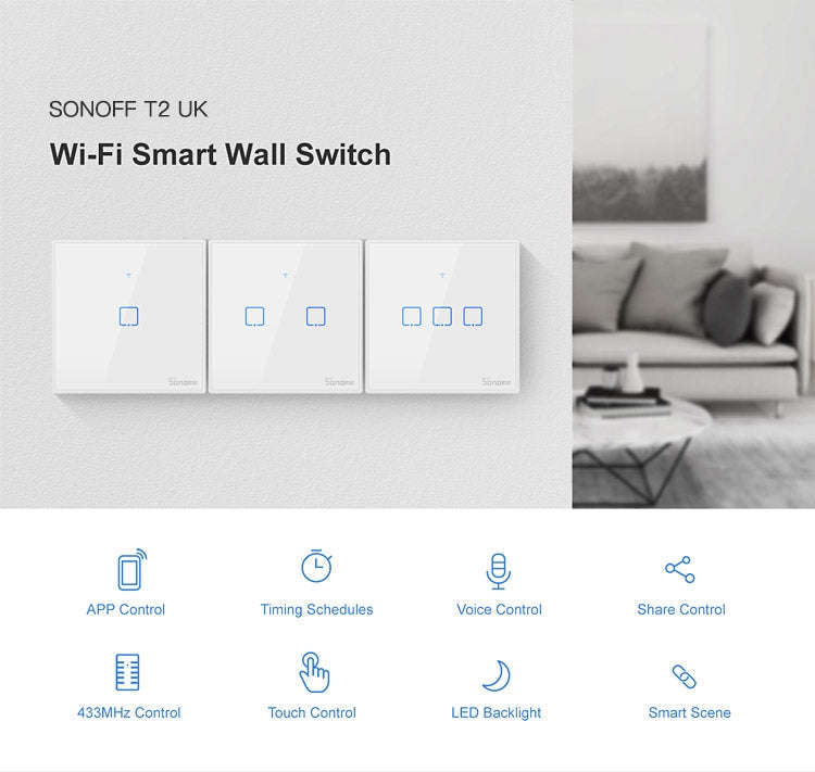 Sonoff T2 Touch 86mm Tempered Glass Panel Wall Switch Smart Home Light Touch Switch, Compatible w...