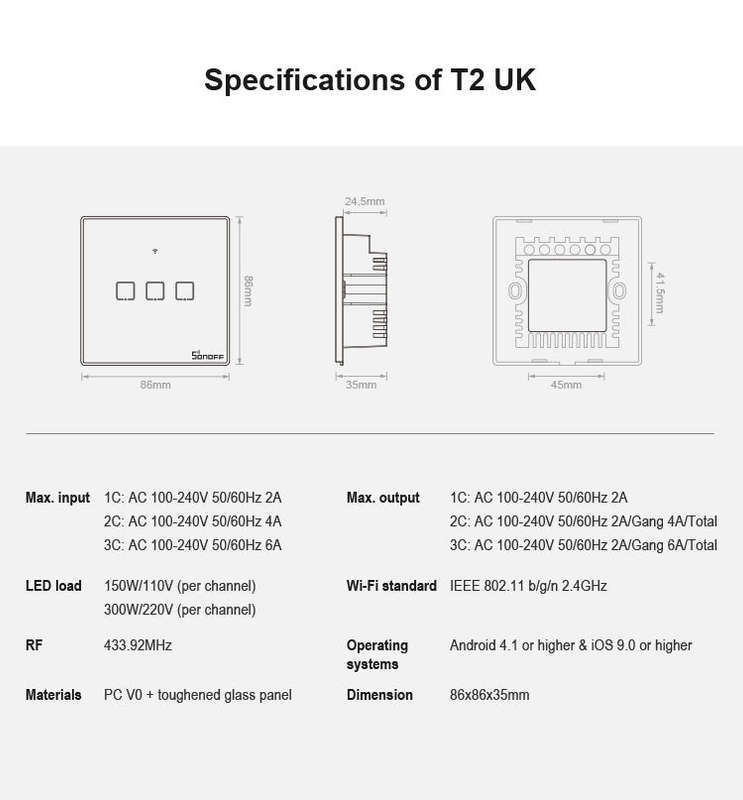 Sonoff T2 Touch 86mm Tempered Glass Panel Wall Switch Smart Home Light Touch Switch, Compatible w...