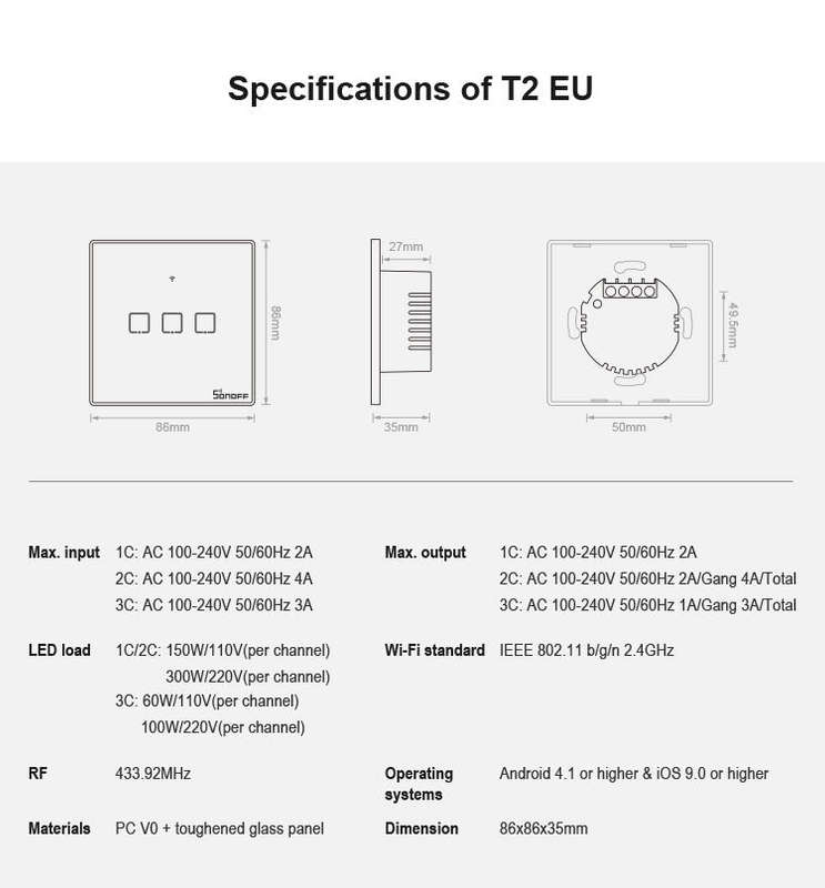 Sonoff T2 Touch 86mm Tempered Glass Panel Wall Switch Smart Home Light Touch Switch, Compatible w...