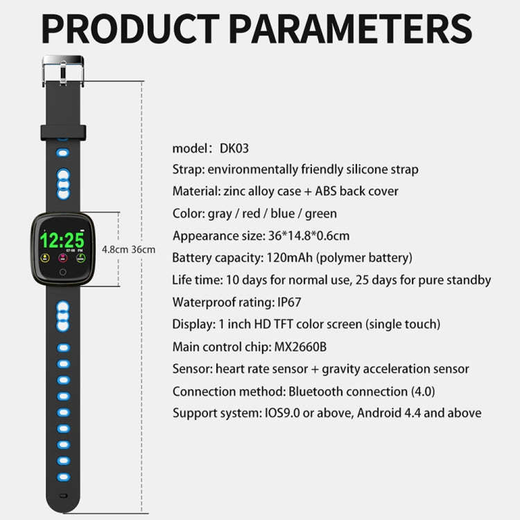 DK03 1.0 inches TFT Color Screen Smart Bracelet IP67 Waterproof, Support Call Reminder /Heart Rat...