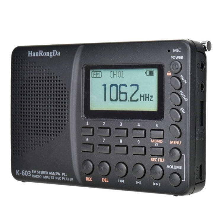 K-603 Portable FM / AM / SW Full Band Stereo Radio, Support BT & TF Card (Black)