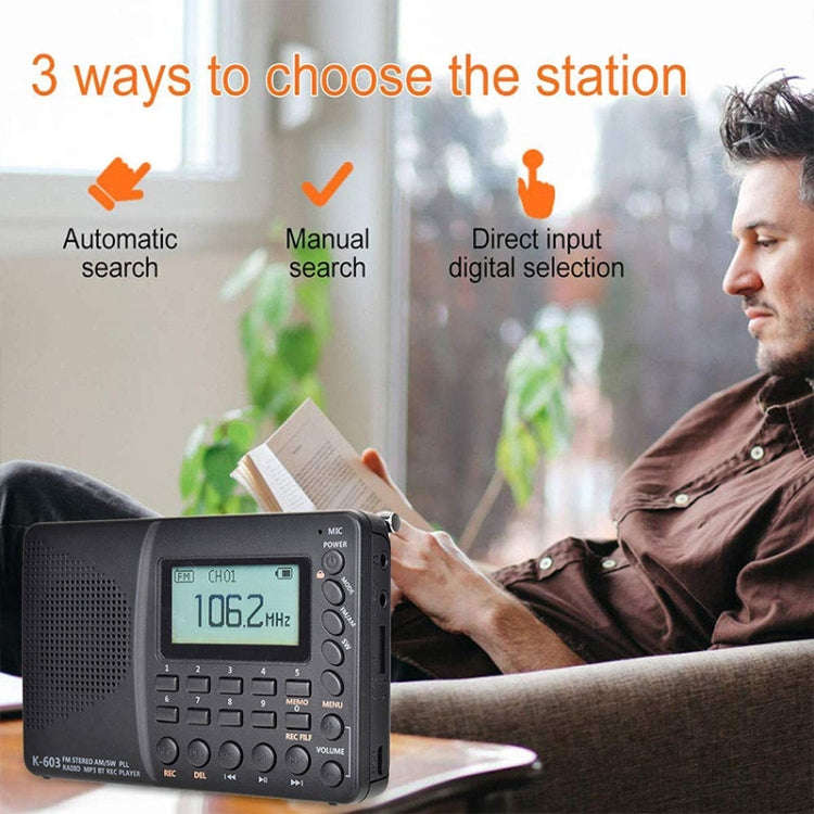 K-603 Portable FM / AM / SW Full Band Stereo Radio, Support BT & TF Card (Black)