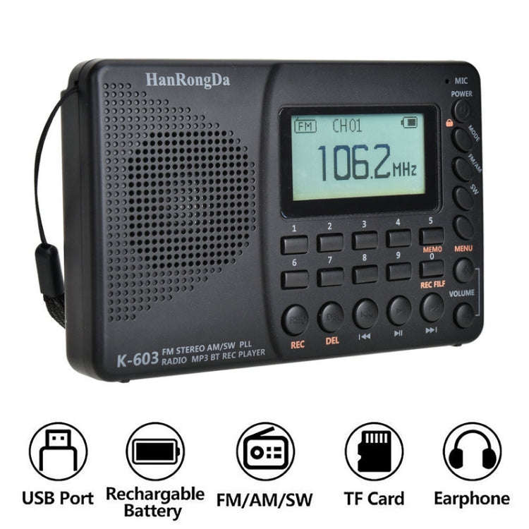K-603 Portable FM / AM / SW Full Band Stereo Radio, Support BT & TF Card (Black)