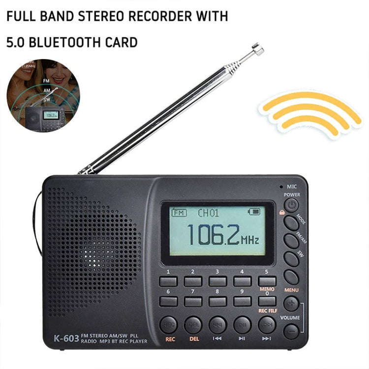K-603 Portable FM / AM / SW Full Band Stereo Radio, Support BT & TF Card (Black)