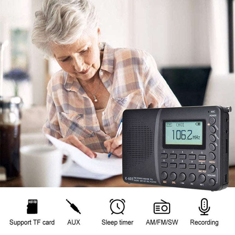 K-603 Portable FM / AM / SW Full Band Stereo Radio, Support BT & TF Card (Black)