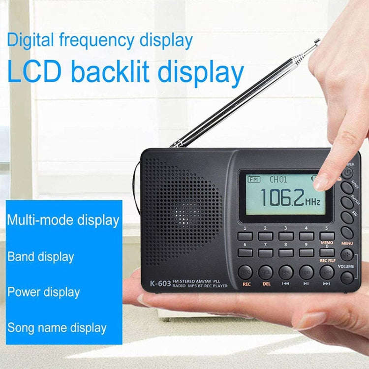 K-603 Portable FM / AM / SW Full Band Stereo Radio, Support BT & TF Card (Black)