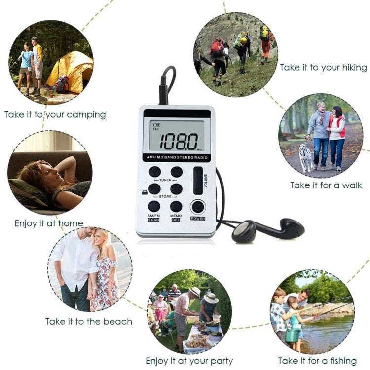 HRD-103 FM + AM Two Band Portable Radio with Lanyard & Headset(Silver)