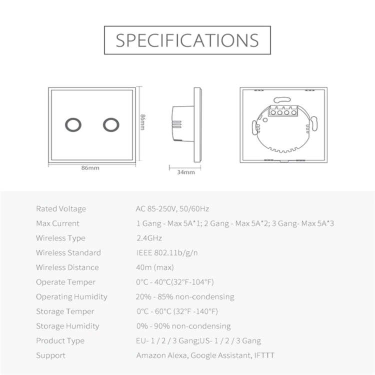 NEO NAS-SC02W Wireless WiFi EU Smart Light Control Switch 2Gang