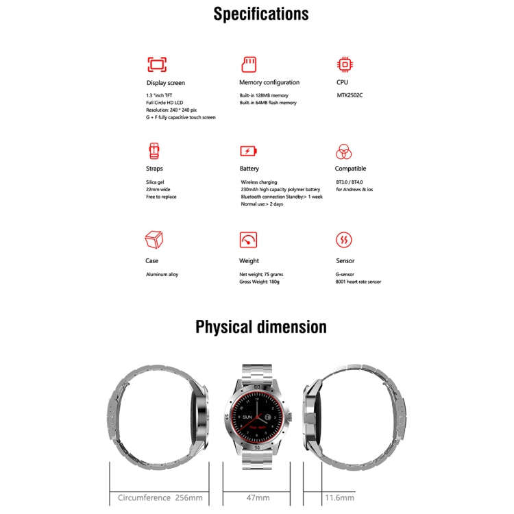 N6 Smart Watch 1.3 inch TFT Screen MTK2502C Bluetooth4.0, Stainless Steel Watch Band, Support Hea...