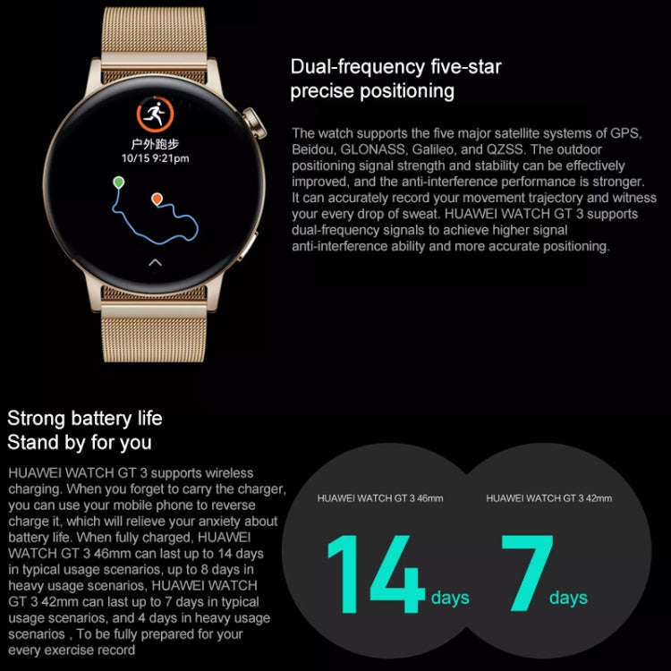 HUAWEI WATCH GT 3 Smart Watch 46mm Rubber Wristband, 1.43 inch AMOLED Screen, Support Heart Rate ...