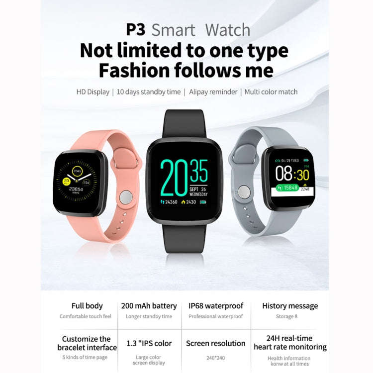 P3 1.3 inch IPS Color Screen IP68 Waterproof Smart Watch Wristband,Support Message Reminder / Hea...