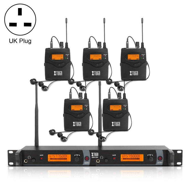 XTUGA IEM1200 Wireless Transmitter 5 Bodypack Stage Singer In-Ear Monitor System (UK Plug)