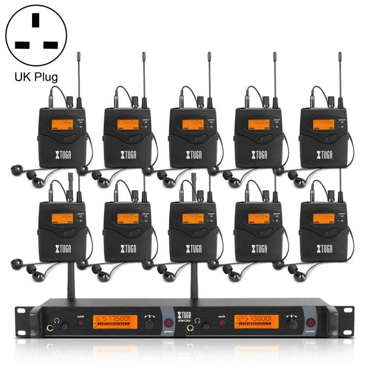 XTUGA IEM1200 Wireless Transmitter 10 Bodypack Stage Singer In-Ear Monitor System (UK Plug)