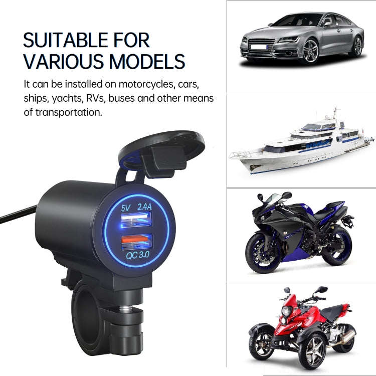 ZH-723F1 Car / Motorcycle QC3.0 Cell Phone Fast Charging Dual USB Car Charger(Blue Light)