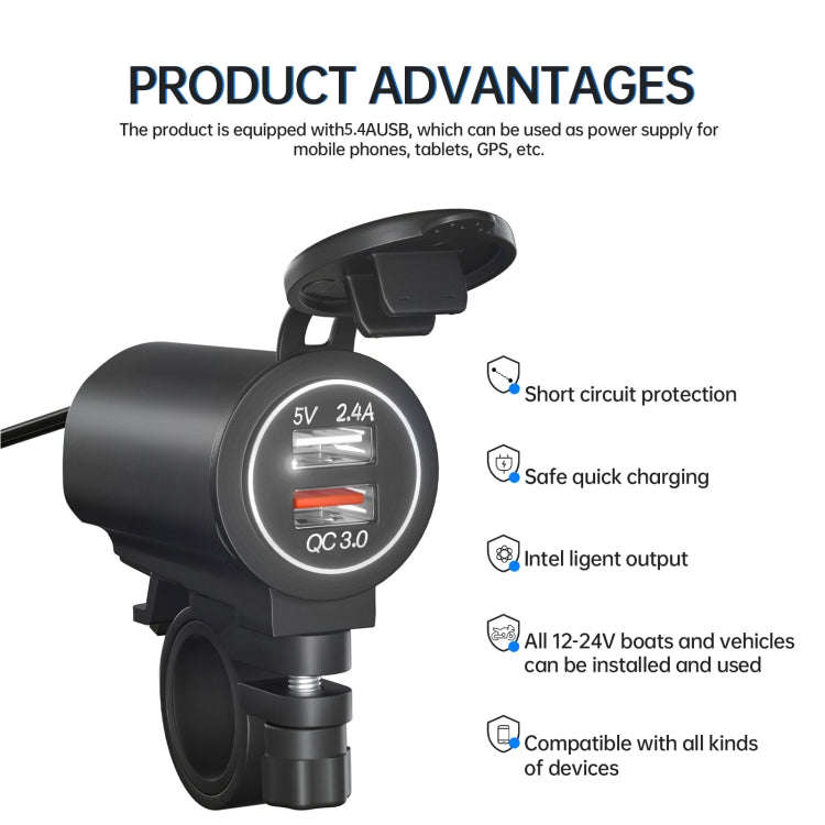ZH-723F5 Car / Motorcycle QC3.0 Cell Phone Fast Charging Dual USB Car Charger(White Light)