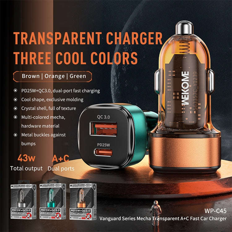 WK WP-C45 Vanguard Series Mecha Transparent USB+Type-C Fast Car Charger (Green)