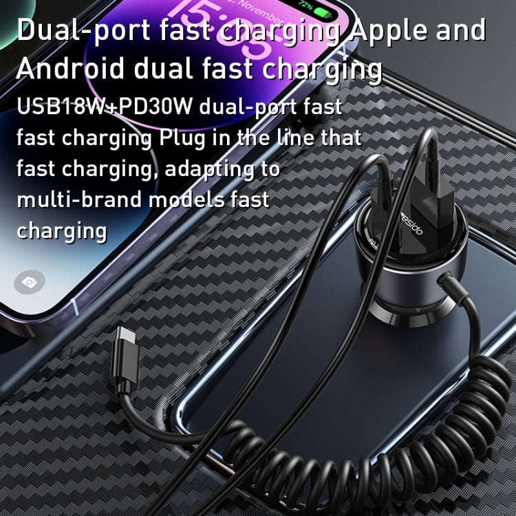 Yesido Y57 50W PD + QC3.0 Dual Port Car Charger with 8 Pin Spring Data Cable