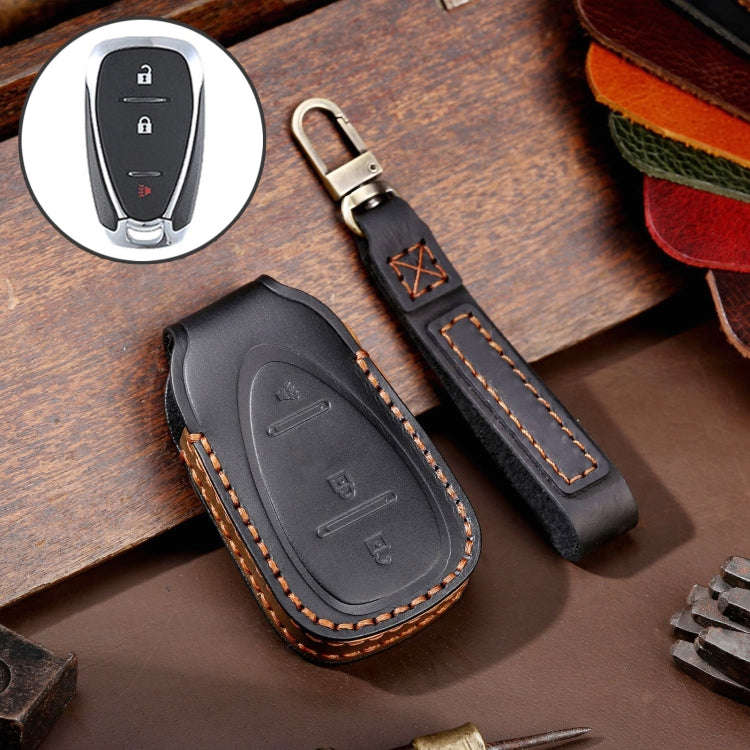 For Chevrolet 3-button Hallmo Car Cowhide Leather Key Protective Cover Key Case(Black)