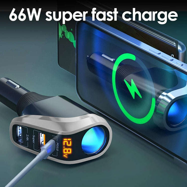 Ozio DY48TC 188W Type-C + USB Dual Port Multi-function Car Charger with Cigarette Lighter (Silver)