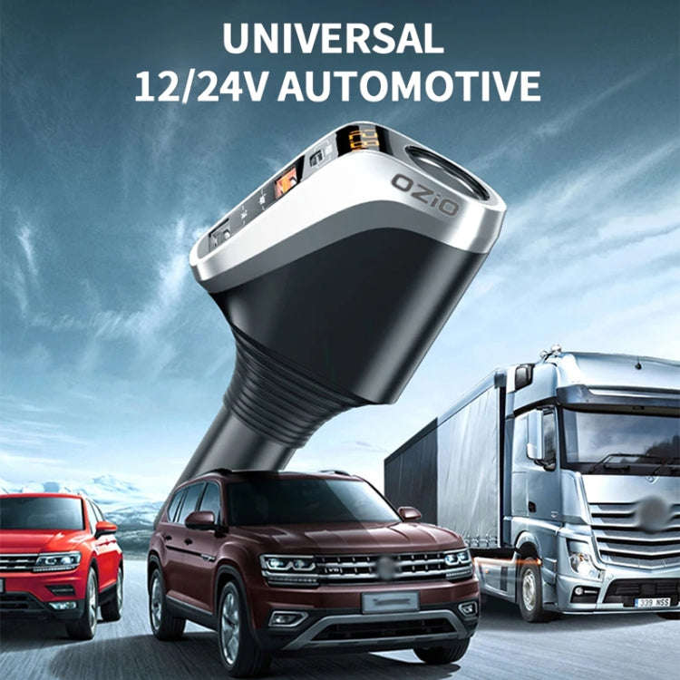 Ozio DY48TC 188W Type-C + USB Dual Port Multi-function Car Charger with Cigarette Lighter (Silver)