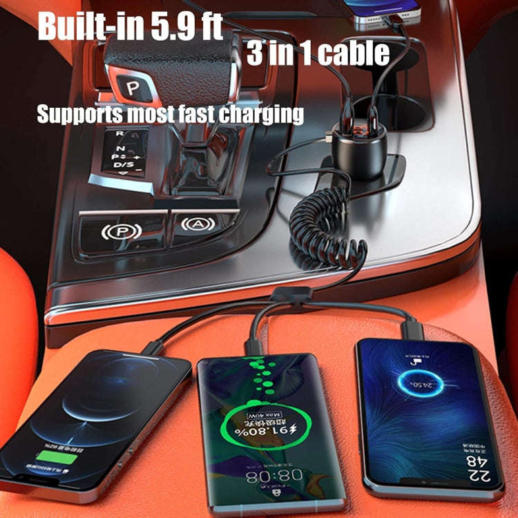 Ozio HX06 151W Type-C + USB Dual Port Car Charger with 3 in 1 Spring Data Cable