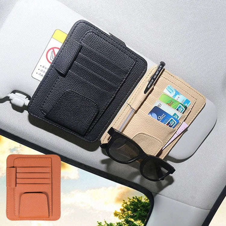 Multifunctional Car Litchi Pattern Glasses Holder Sun Visor Bill Holder (Beige)