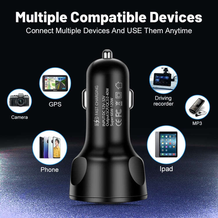 66W 4 in 1 Digital Display Fast Charging Car Charger with Voltmeter (Black)