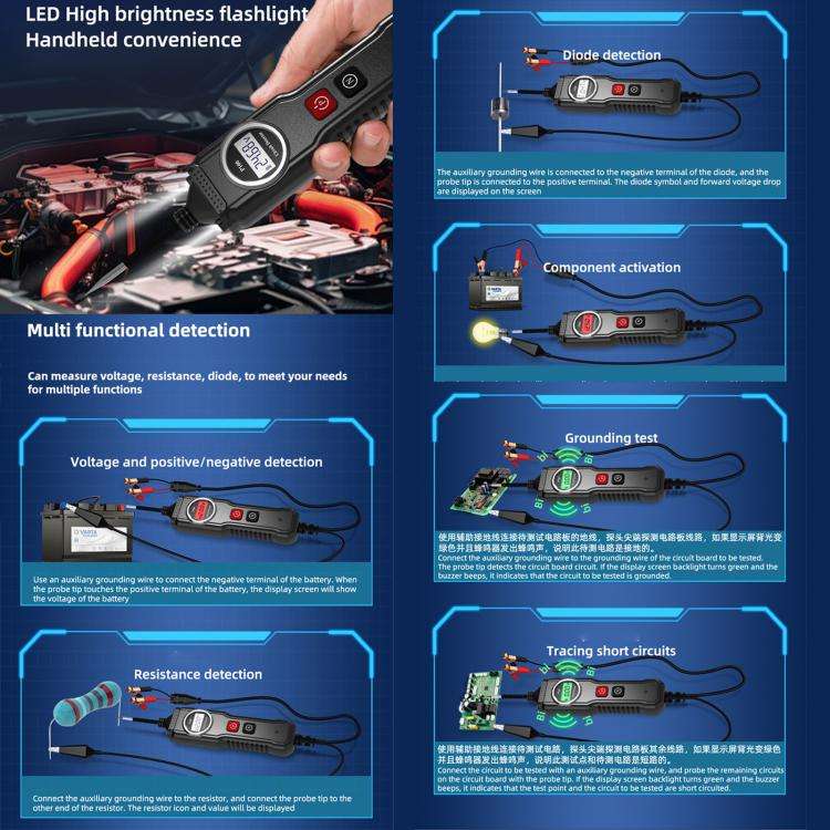 P100 5V-40V Electric Circuit Tester, Two Power Supply, Cable Length: 4m (Black)