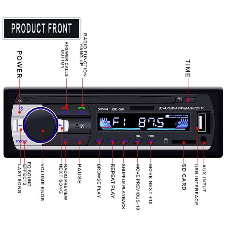 JSD-520 Car Stereo Radio MP3 Audio Player Support Bluetooth Hand-free Calling / FM / USB / SD, EU...