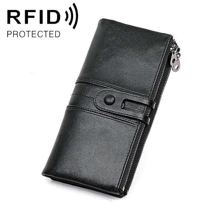 3520 Long Cowhide Leather Folding Anti-magnetic RFID Wallet for Ladies, with Card Slots(Black)
