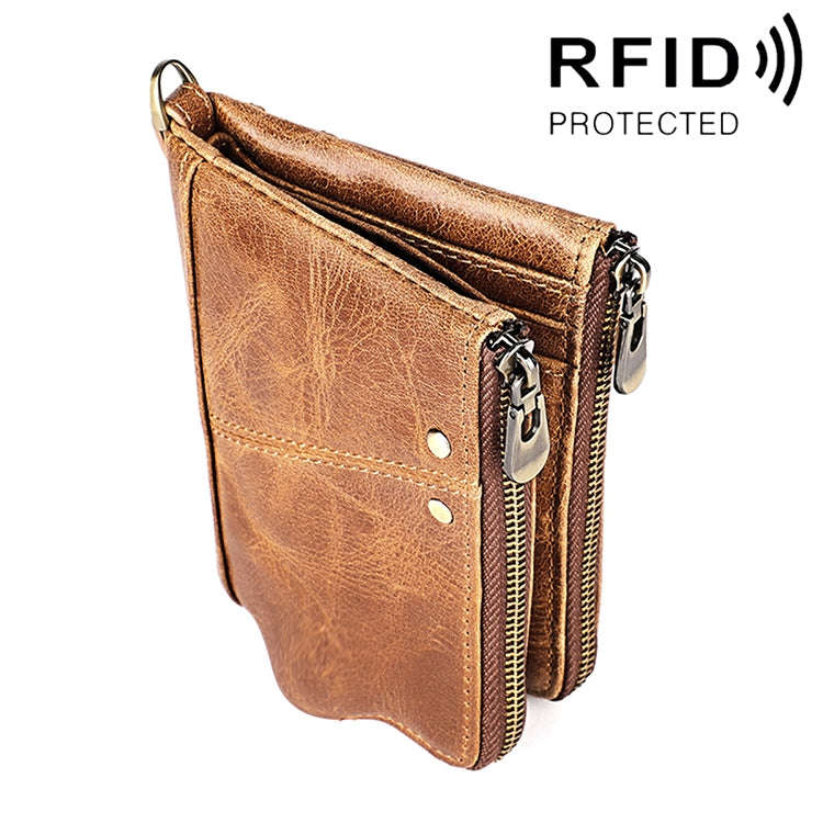 3533 Long Crazy Horse Texture Cowhide Leather Folding Anti-magnetic RFID Wallet Clutch Bag for Me...