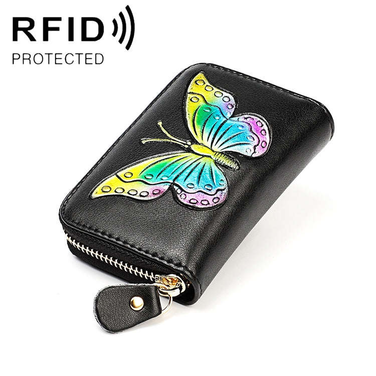 KB152 Butterfly Pattern Zipper Cowhide Leather Organ Shape Multiple Card Slots Anti-magnetic RFID...