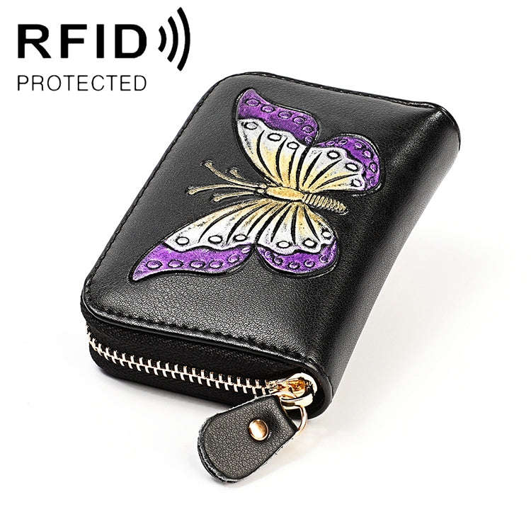 KB152 Butterfly Pattern Zipper Cowhide Leather Organ Shape Multiple Card Slots Anti-magnetic RFID...