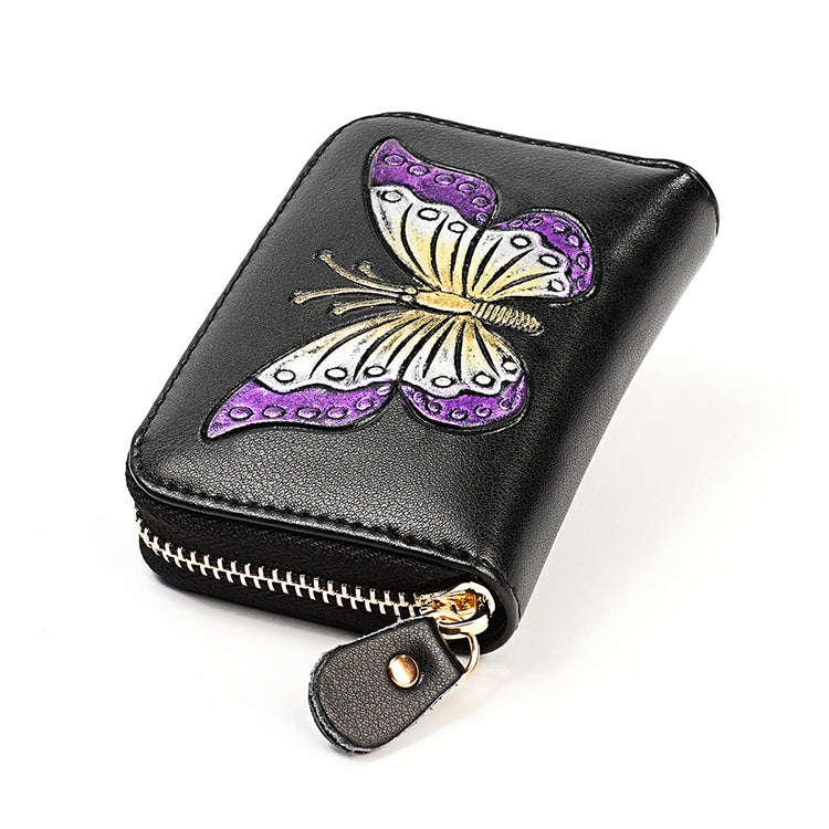 KB152 Butterfly Pattern Zipper Cowhide Leather Organ Shape Multiple Card Slots Anti-magnetic RFID...