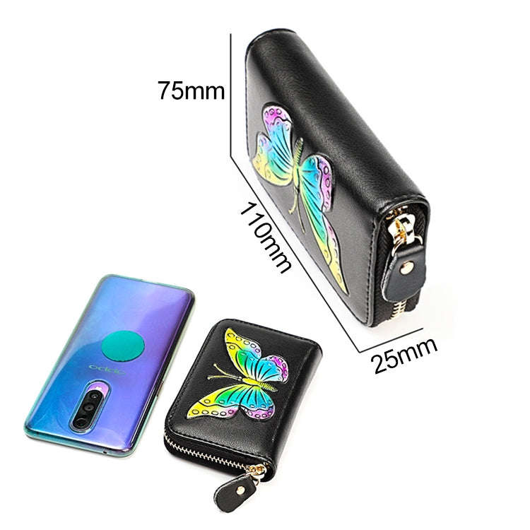 KB152 Butterfly Pattern Zipper Cowhide Leather Organ Shape Multiple Card Slots Anti-magnetic RFID...