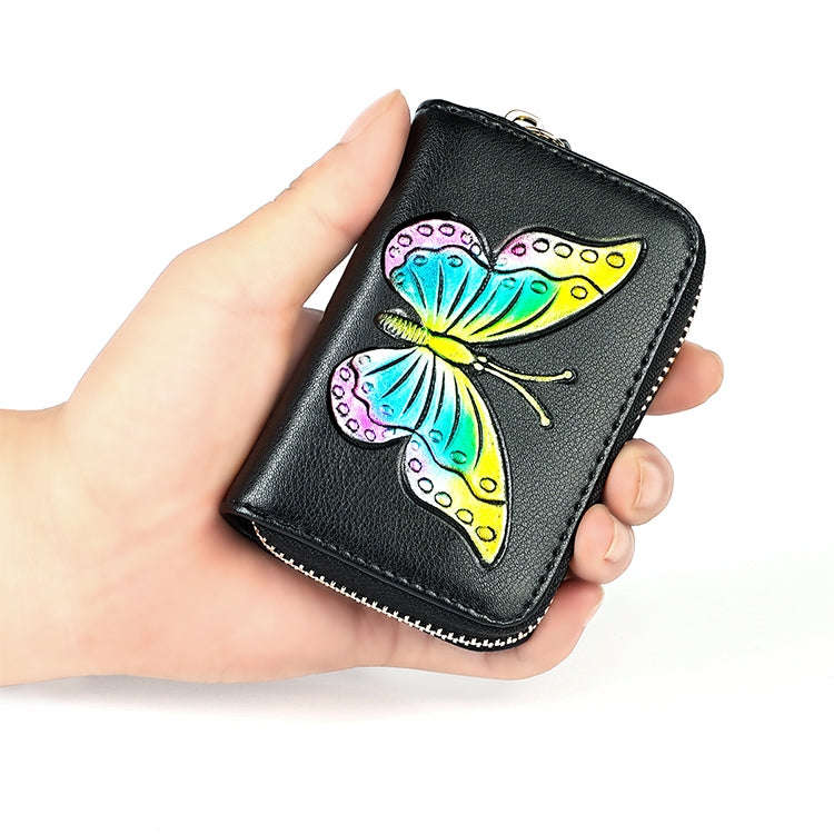 KB152 Butterfly Pattern Zipper Cowhide Leather Organ Shape Multiple Card Slots Anti-magnetic RFID...