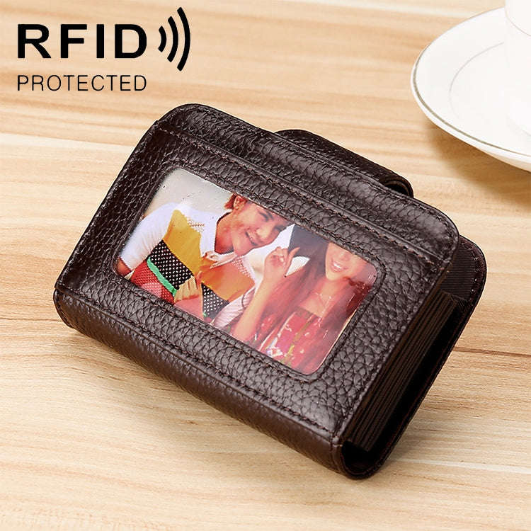 KB188 Horizontal Cowhide Leather Organ Shape Multiple Card Slots Anti-magnetic RFID Wallet for La...