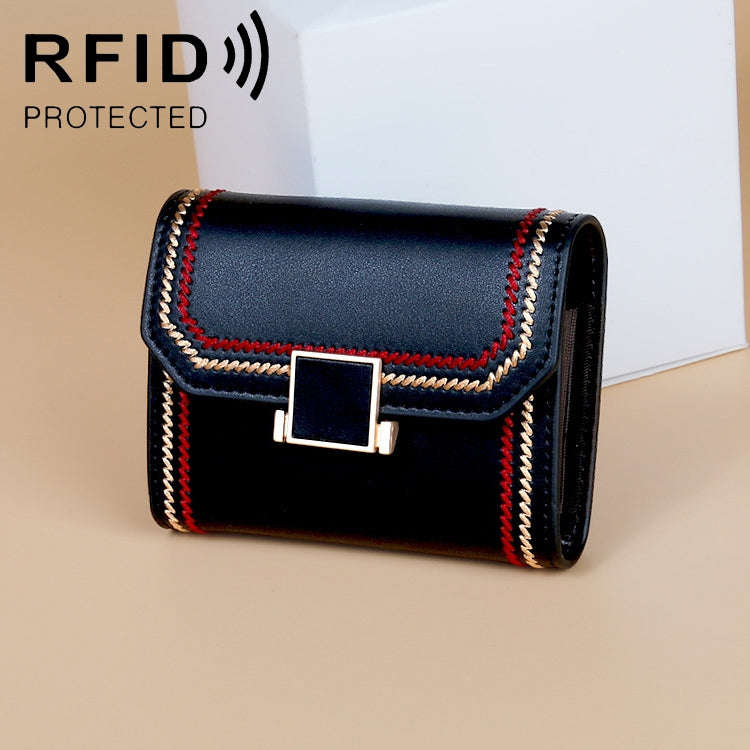 KB190 Cover Type Snap Button Cowhide Leather Organ Shape Multiple Card Slots Anti-magnetic RFID W...