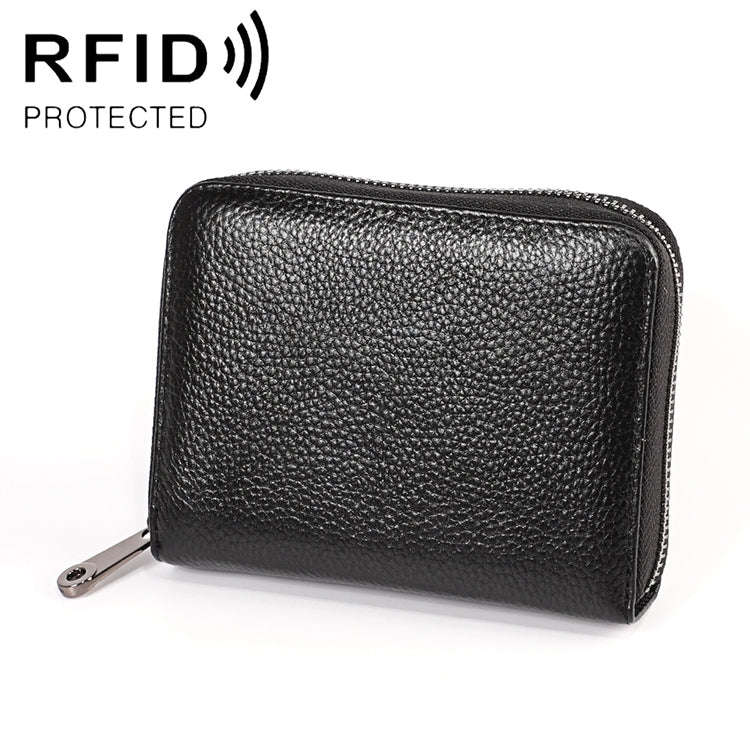 KB195 Zipper Cowhide Leather Double Row Organ Shape Multiple Card Slots Anti-magnetic RFID Wallet...