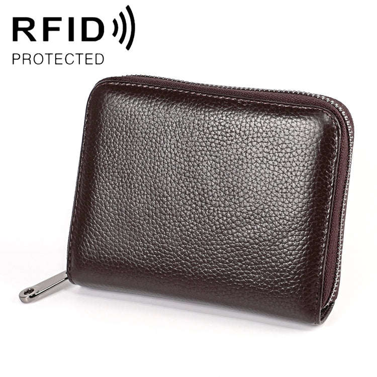 KB195 Zipper Cowhide Leather Double Row Organ Shape Multiple Card Slots Anti-magnetic RFID Wallet...