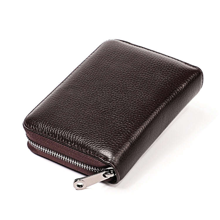 KB195 Zipper Cowhide Leather Double Row Organ Shape Multiple Card Slots Anti-magnetic RFID Wallet...