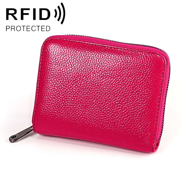 KB195 Zipper Cowhide Leather Double Row Organ Shape Multiple Card Slots Anti-magnetic RFID Wallet...